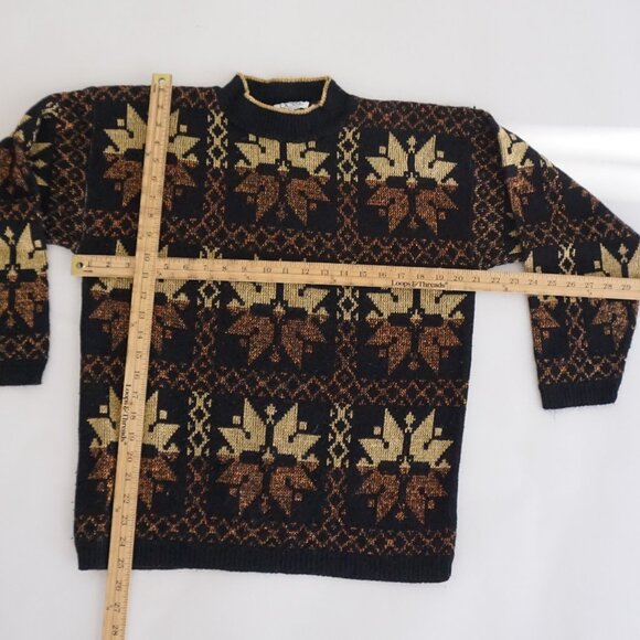 Vintage Rose Black Gold Cotton Knit Retro Eclectic Grandpa Holiday Sweater L - Picture 3 of 10